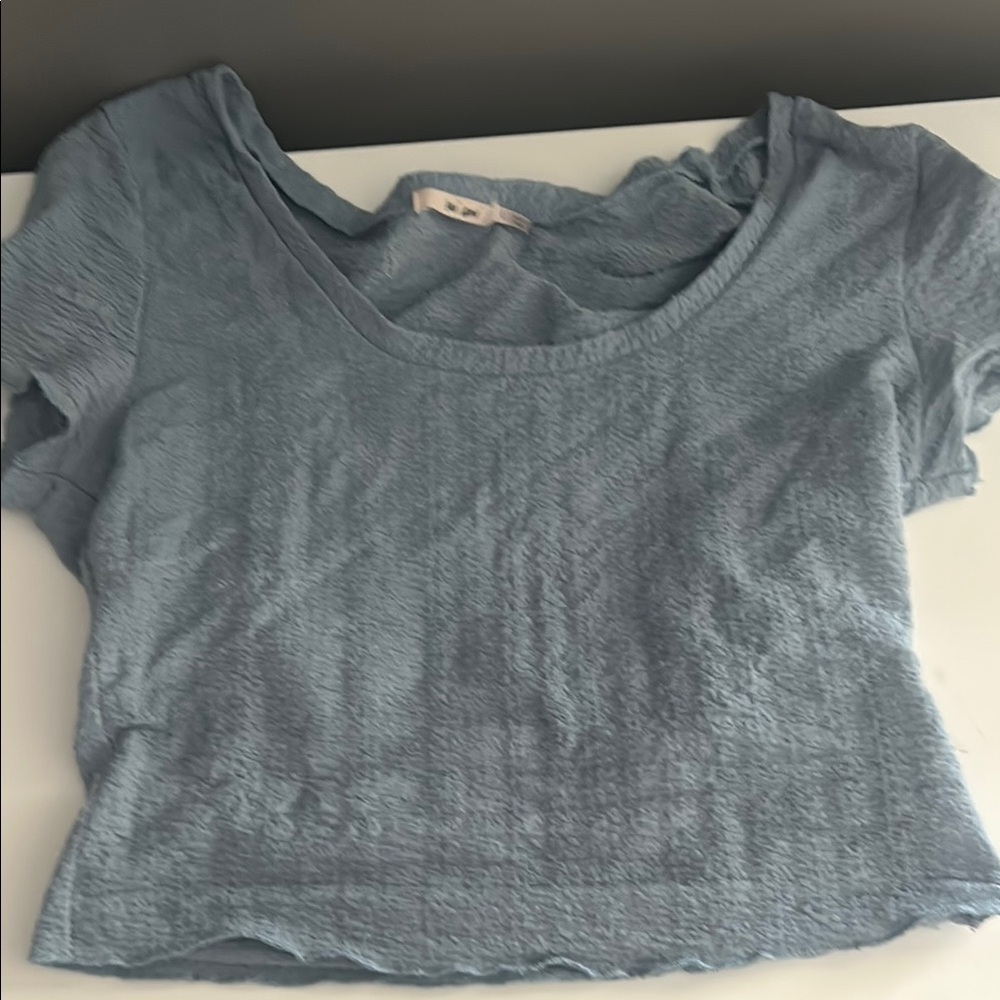 Textured With Ruffles-  Sky Blue Crop Top